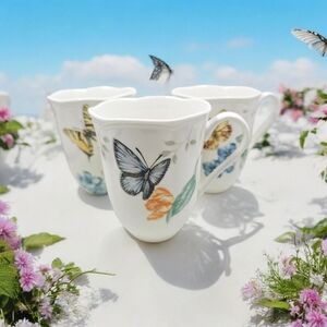 Lenox Butterfly Meadow Coffee Mugs Set Of 3 White Scalloped Porcelain